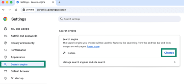 The "Search engine" option highlighted in the left-hand menu in Google Chrome, and the "Change" button next default engine.