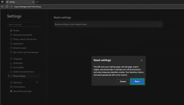 The Reset settings confirmation page in Edge.