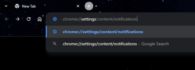 Chrome browser on Windows with the navigation URL for Notification settings in the address bar.
