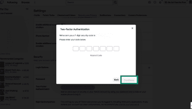 Twitch 2FA prompt to enter 7-digit SMS security code with Continue button.