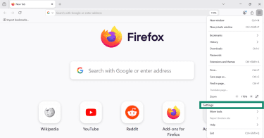 Firefox application menu with Settings option highlighted.