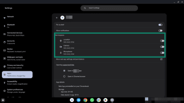 different permissions for a ChromeOS app, with the ability to toggle them