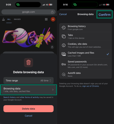 Chrome browsing data options with Confirm button highlighted.