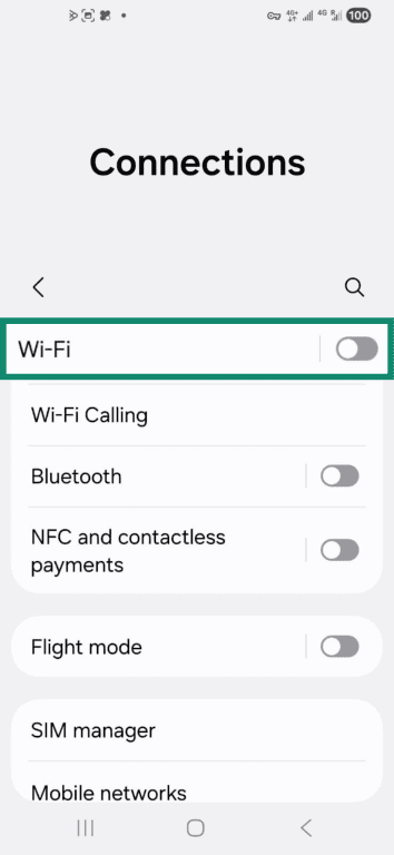 Wi-Fi toggle on in Connections settings on Android