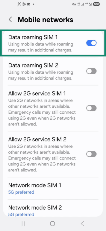 Mobile network toggle on under Mobile networks settings on Android