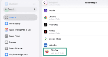 List of apps under iPad Storage.
