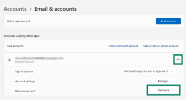 Microsoft Email & accounts settings, with remove account highlighted.