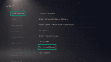 The "System" page on a PlayStation 5. The "System Software" and "Back Up and Restore" options are highlighted.
