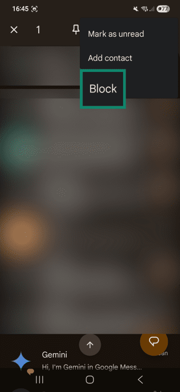 How to find the option to block a phishing text sender in Google Messages.