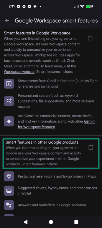 The menu to disable Google Workshop features highlighting the option to disable smart features across Google products.