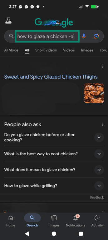 A Google search with -ai at the end to help filter AI.