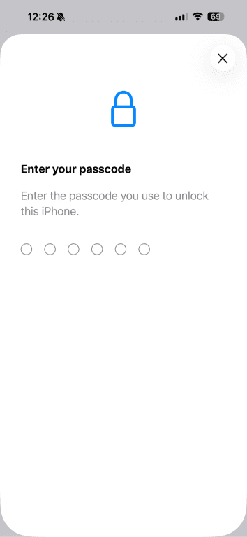 iPhone passcode entry screen prompting the user to enter their device passcode.