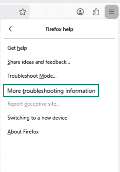 "More troubleshooting information" option highlighted in Mozilla Firefox.