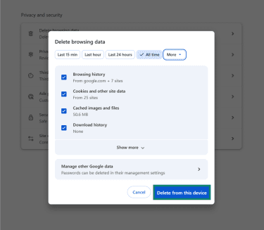 The delete browsing data screen on Chrome, showing the options to delete history, cookies, and cached data.