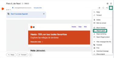 Gmail desktop menu showing the “Report spam” option.