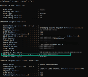 Windows Command Prompt showing ipconfig output with DNS Servers highlighted.