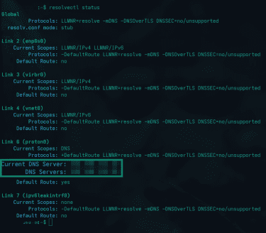 Linux Terminal showing resolvectl status with current DNS servers highlighted.