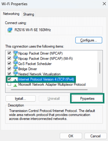 Accessing IPv4 properties on Windows.