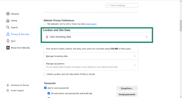 The Firefox Cookies and Site Data options, emphasizing the Clear browsing data button.
