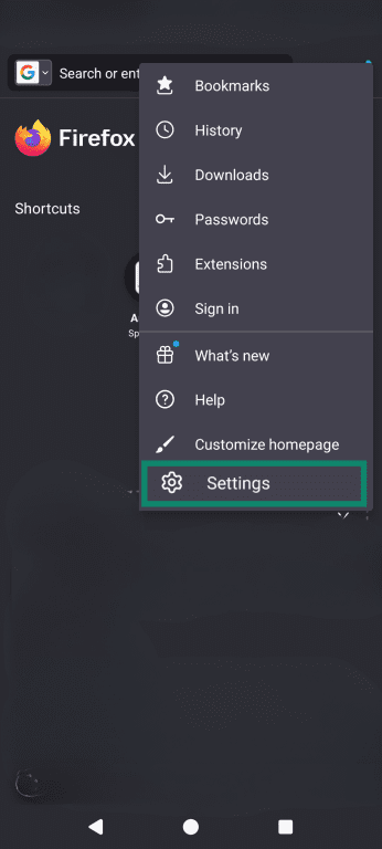 The Firefox menu bar, highlighting the Settings option.