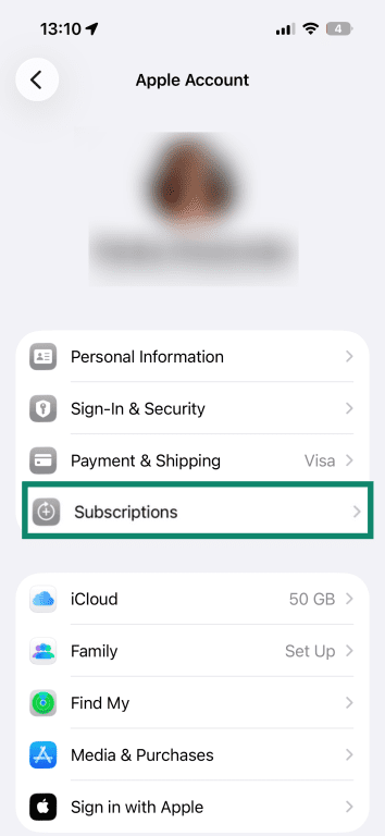 "Subscriptions" option highlighted in the Apple account settings on a mobile.