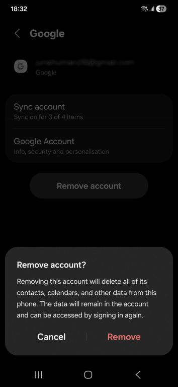Samsung Android Remove account confirmation pop-up.