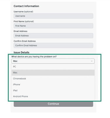 Device dropdown menu on Roblox support form with Mac selected.