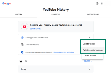 YouTube History open with Delete today and Delete custom range options highlighted