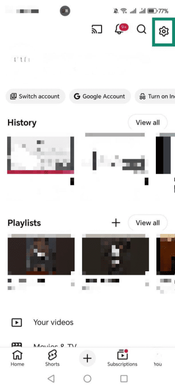 YouTube Android app open on profile page with settings cog icon highlighted