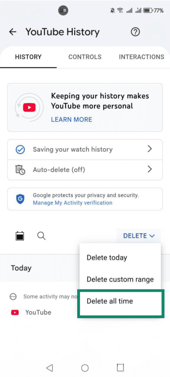 YouTube History app settings with Delete all time option highlighted