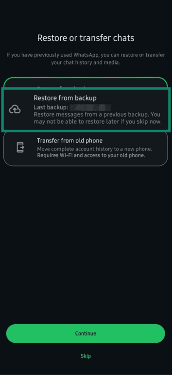 Restoring a WhatsApp account from a previous backup.