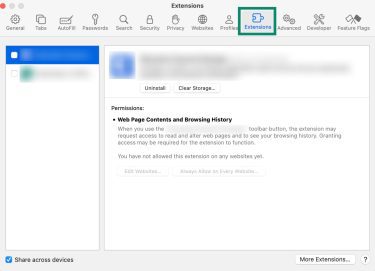 Safari Settings window with Extensions tab open