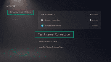 The PlayStation Network menu, highlighting the Connection Status submenu and the Test Internet Connection option.
