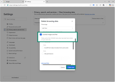 Microsoft Edge Privacy Settings showing Delete browsing data and Cached images and files open