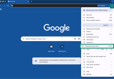 Google Chrome on macOS, showing the Settings menu, with the "Delete Browsing Data..." option highlighted.