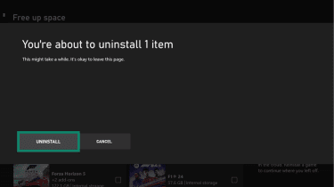 Xbox game uninstall screen with the Uninstall option highlighted.