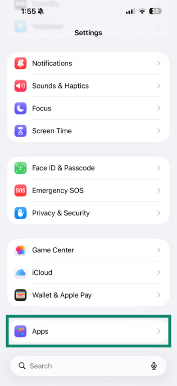 "Apps" option highlighted in the iPhone settings.