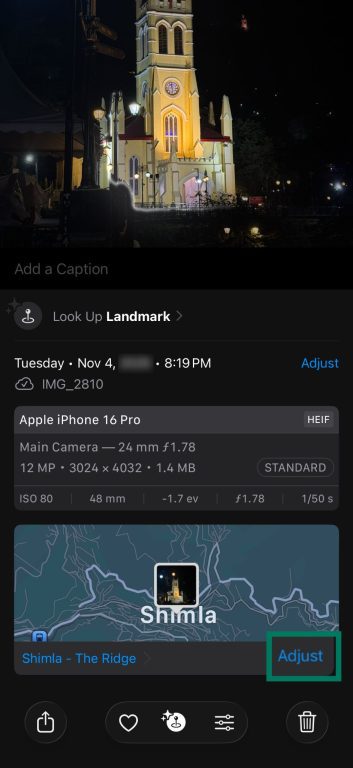 Photos app location details with Adjust button.