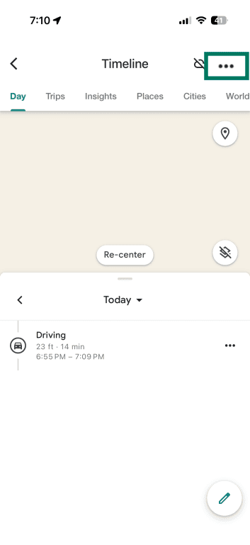 Google Maps Timeline screen with three-dot menu highlighted