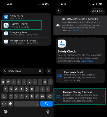Two side-by-side screenshots of iOS Settings, highlighting the Safety Check feature and the Manage Sharing & Access option