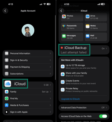 iCloud backup option in iPhone.