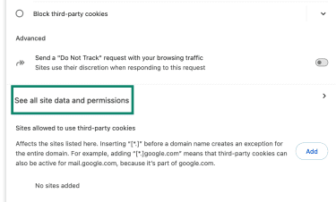 Chrome Third-party cookies settings showing See all site data and permissions option.
