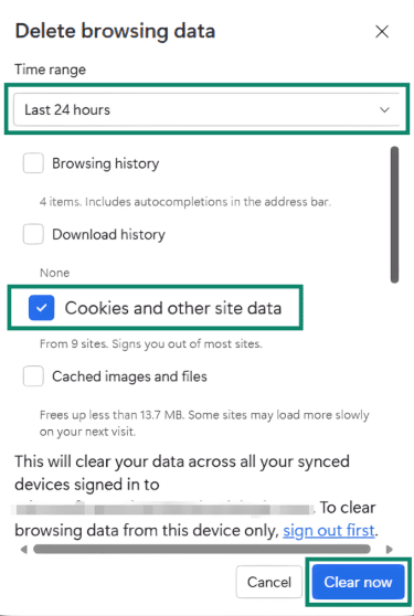 Deleting cookies in Microsoft Edge.