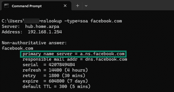 Using nslookup Start of Authority query to check the authoritative nameserver of a domain.