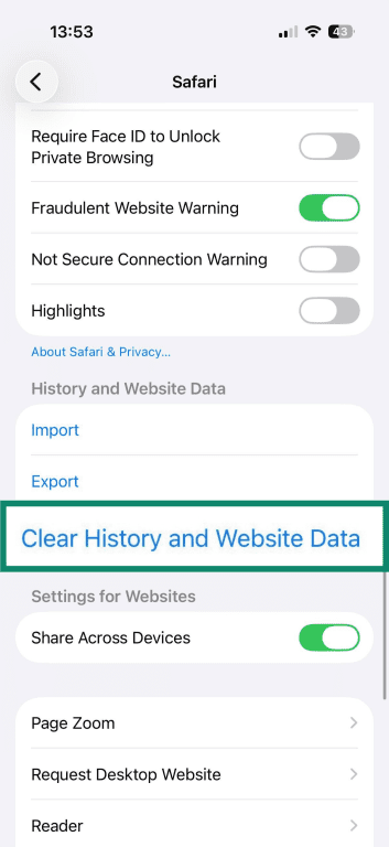 Safari settings screen with “Clear History and Website Data” highlighted.