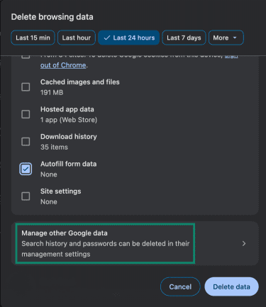 Chrome's Delete browsing data tool.