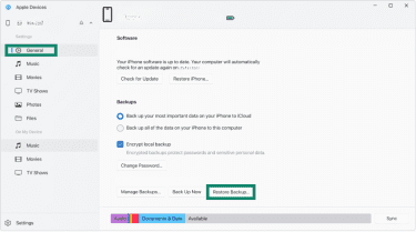 Restore backup option on Apple Devices on Windows.
