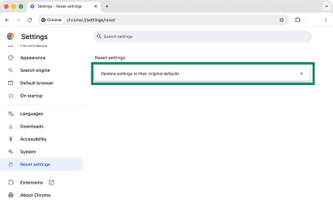 Chrome's Reset settings panel.