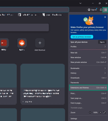 The main menu in Firefox, showing the "extensions and themes" option.