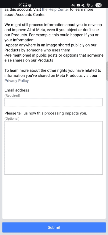 Meta AI objection form.